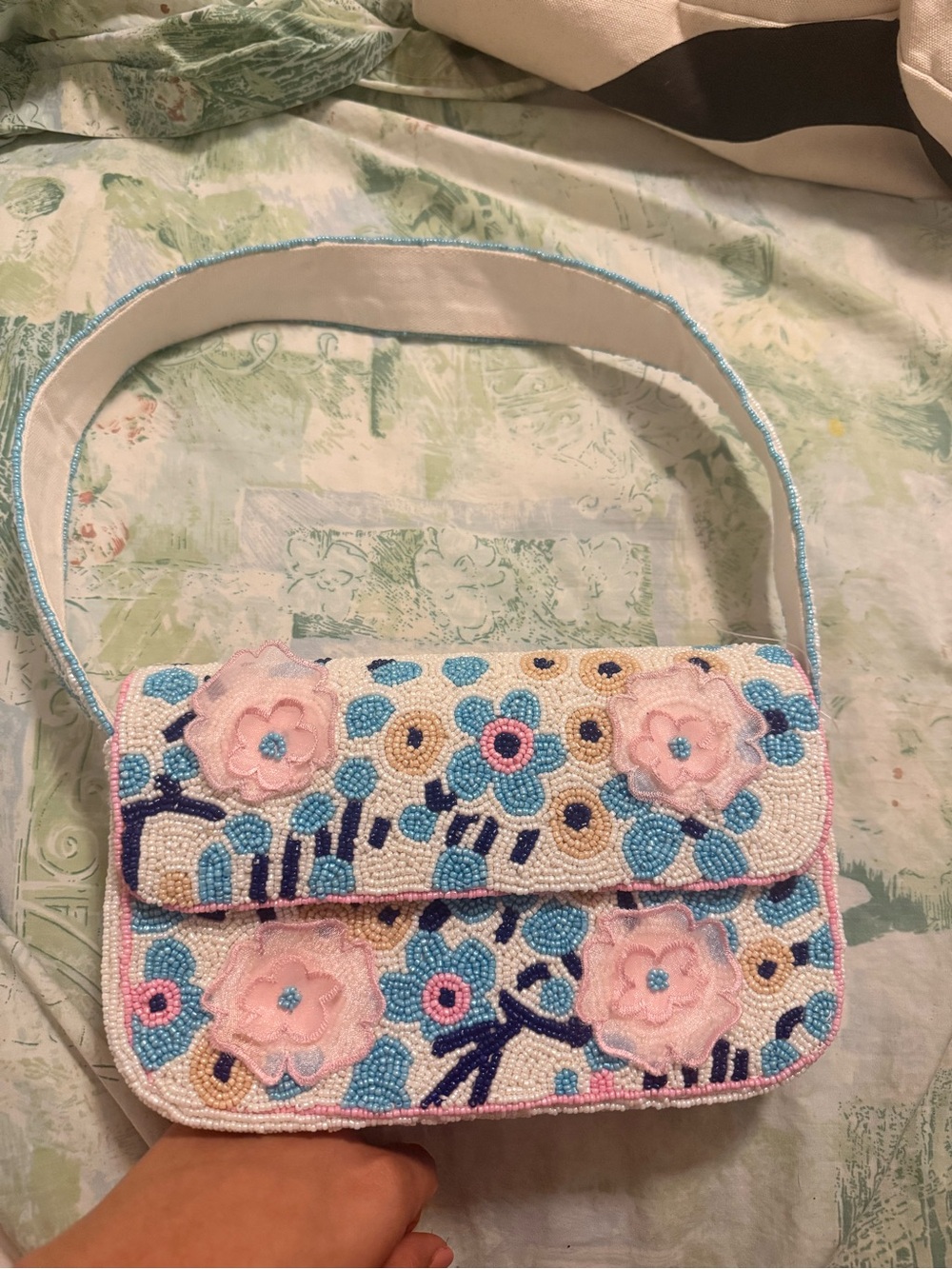 Beaded Floral Shoulder Bag in Pastel Pink and Blue